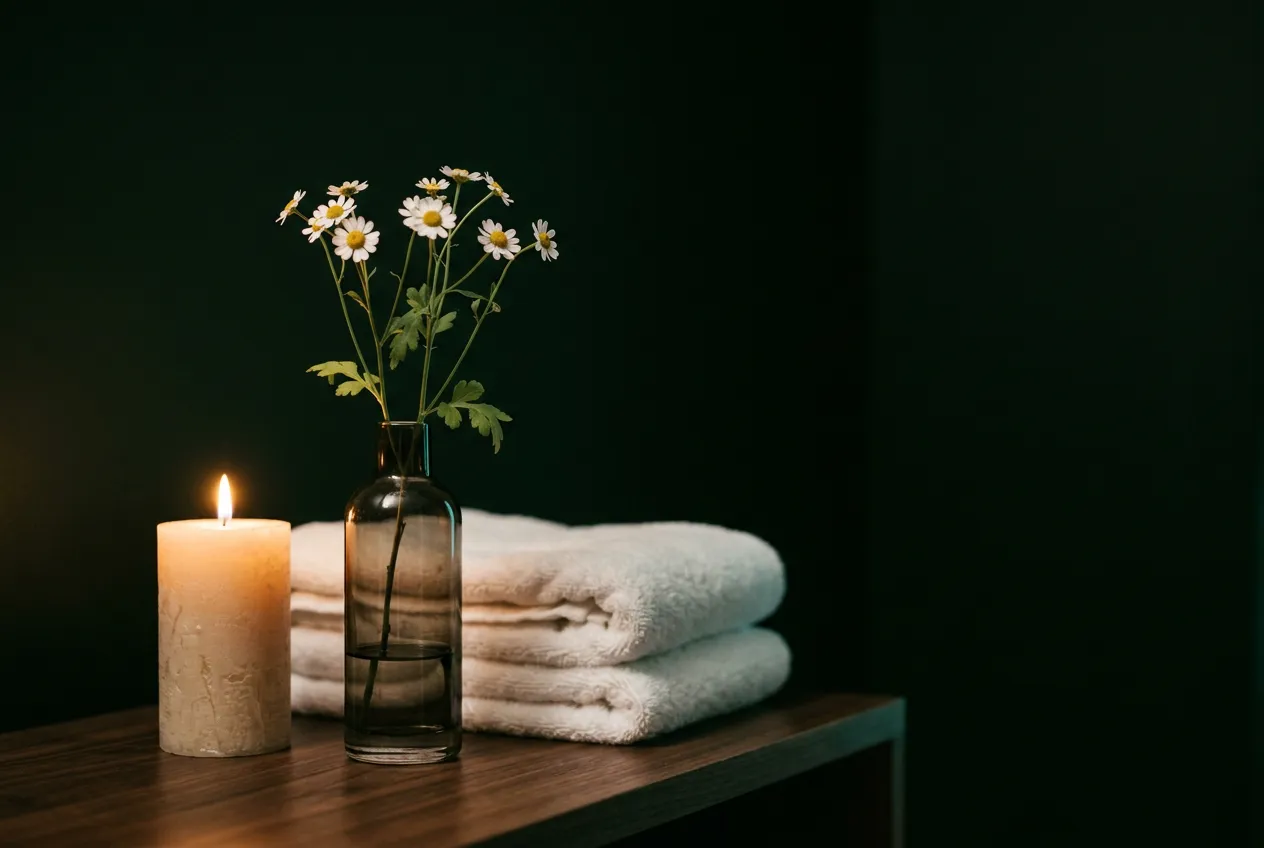 White daisies, a candle and folded towels