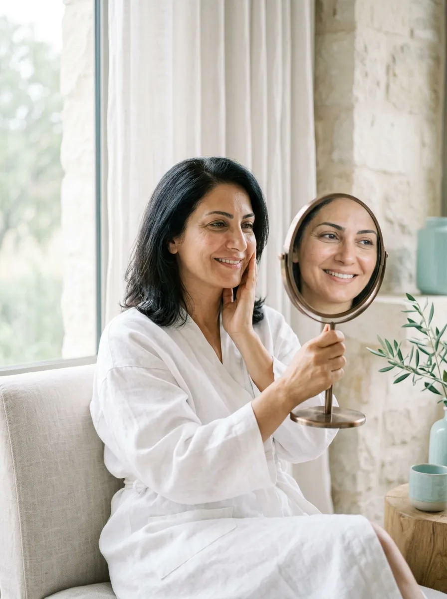 A woman in her forties smiling at her reflection in a hand mirror