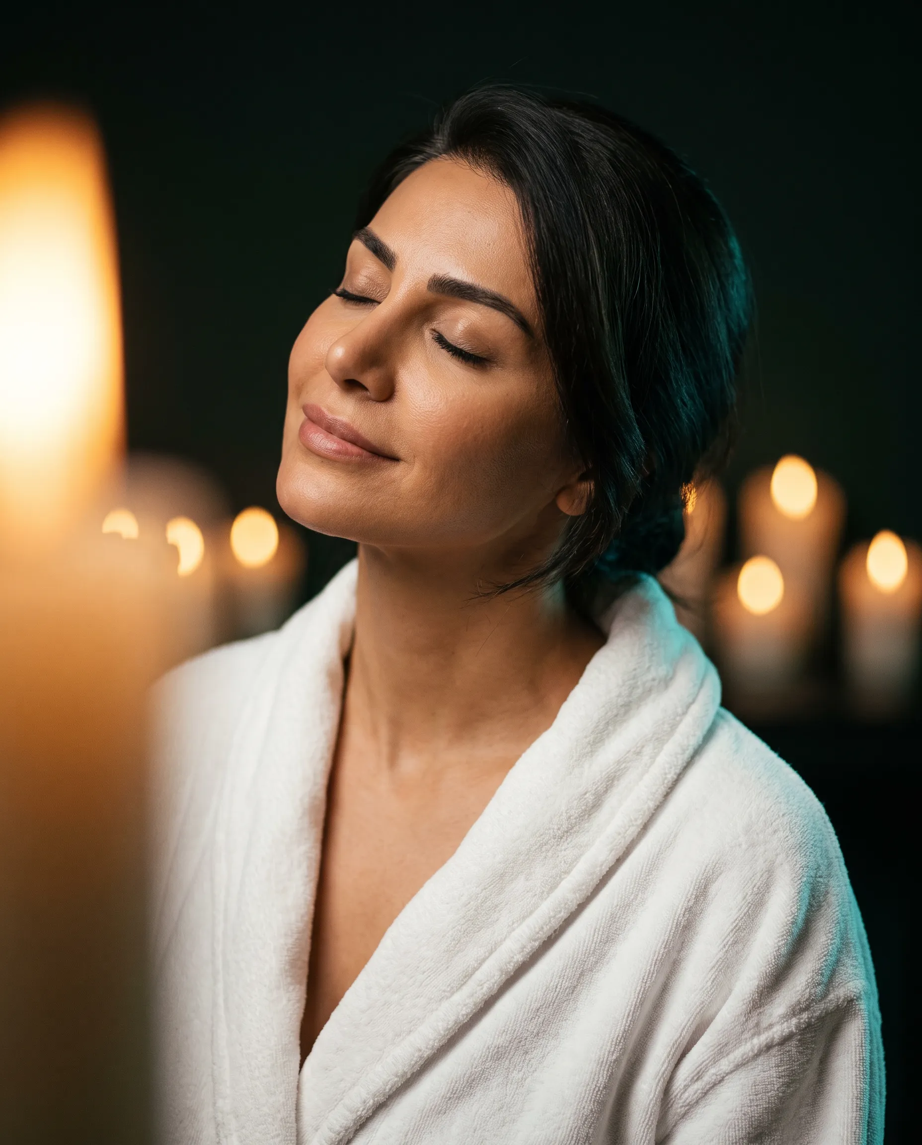 A woman with glowing skin in a white spa robe, eyes closed, lit by candlelight