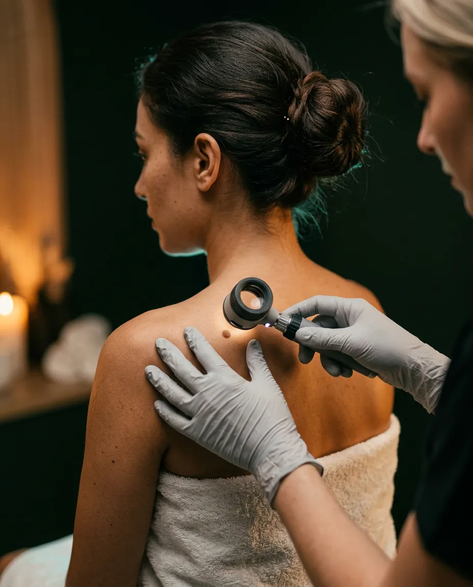 Gloved hands examining a small mole on the shoulder of a woman with a handheld magnifier