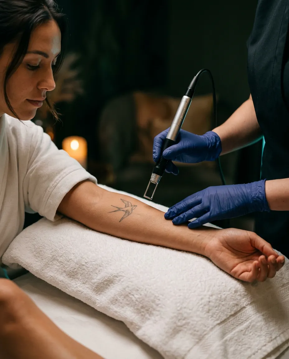 Gloved hands positioning a laser handpiece above a small tattoo on a forearm