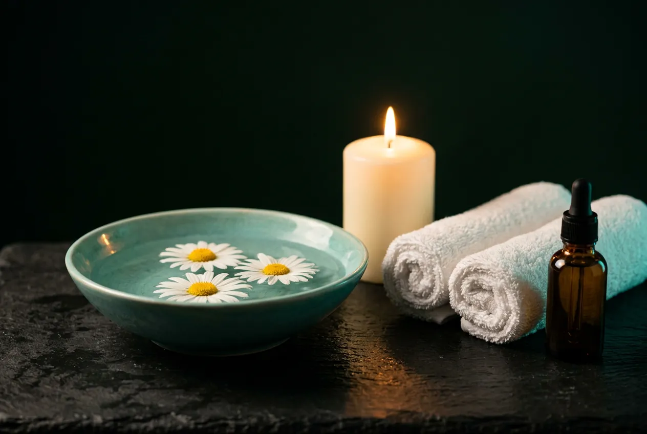 Daisies floating in a bowl of water beside a candle and rolled towels